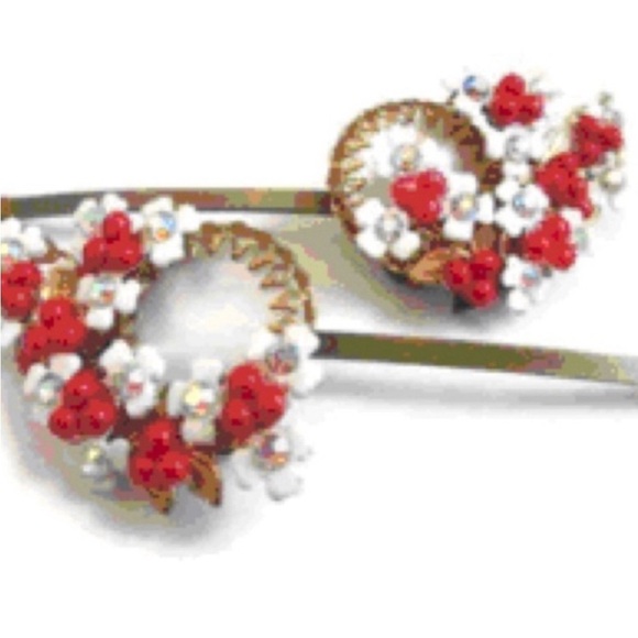 Romantic Red & White Floral Hairpins (Set of 2) - Vintage Jewelry, One-of-a-Kind - Picture 1 of 2